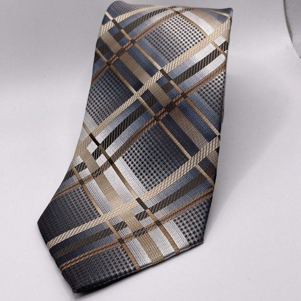 Stacy Adams Men's Tie Blue/Gold/Brown Plaid Check 3.25" Wide